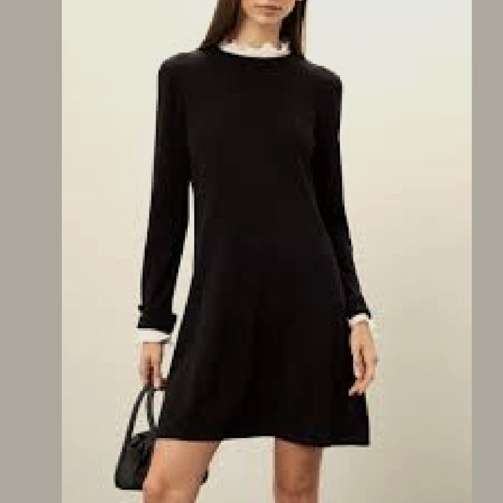 Vince Camuto Black Sweater Dress with White Ruffle Accents, Long Sleeve, Size S